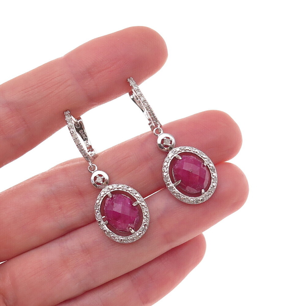 925 Sterling Silver Real Diamond & Ruby Dangle Earrings